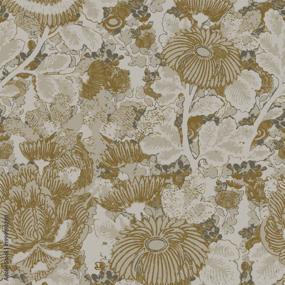 Fototapeta premium Seamless pattern with intricate vintage flowers and leaves in earthy tones of gold, beige, and olive on white background, ideal for fabric and wallpaper design.