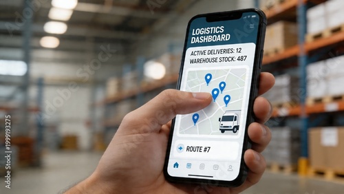 A person is holding a smartphone with a logistics dashboard on the screen, showing a map with delivery routes and locations in a warehouse setting.