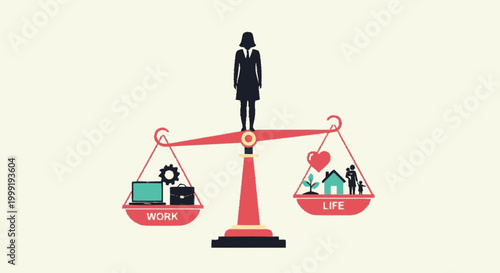 Businesswoman balancing career and personal life on scales