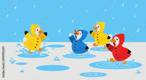 Cartoon ducklings in colorful raincoats playing in rainy day puddles