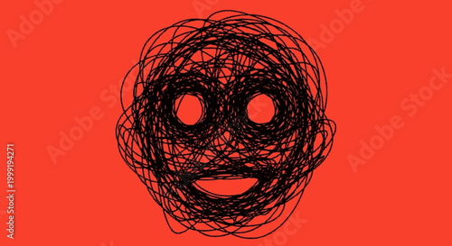 Chaotic hand drawn scribble face on red background