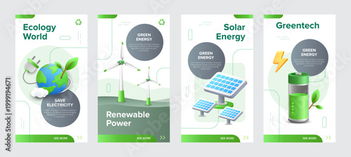 Minimalist 3d ecology design template collection. Social media post for green energy. Recycle vector illustration.