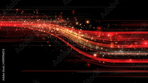 Brilliant red and gold light streaks flow dynamically across a dark background with scattered sparkling particles