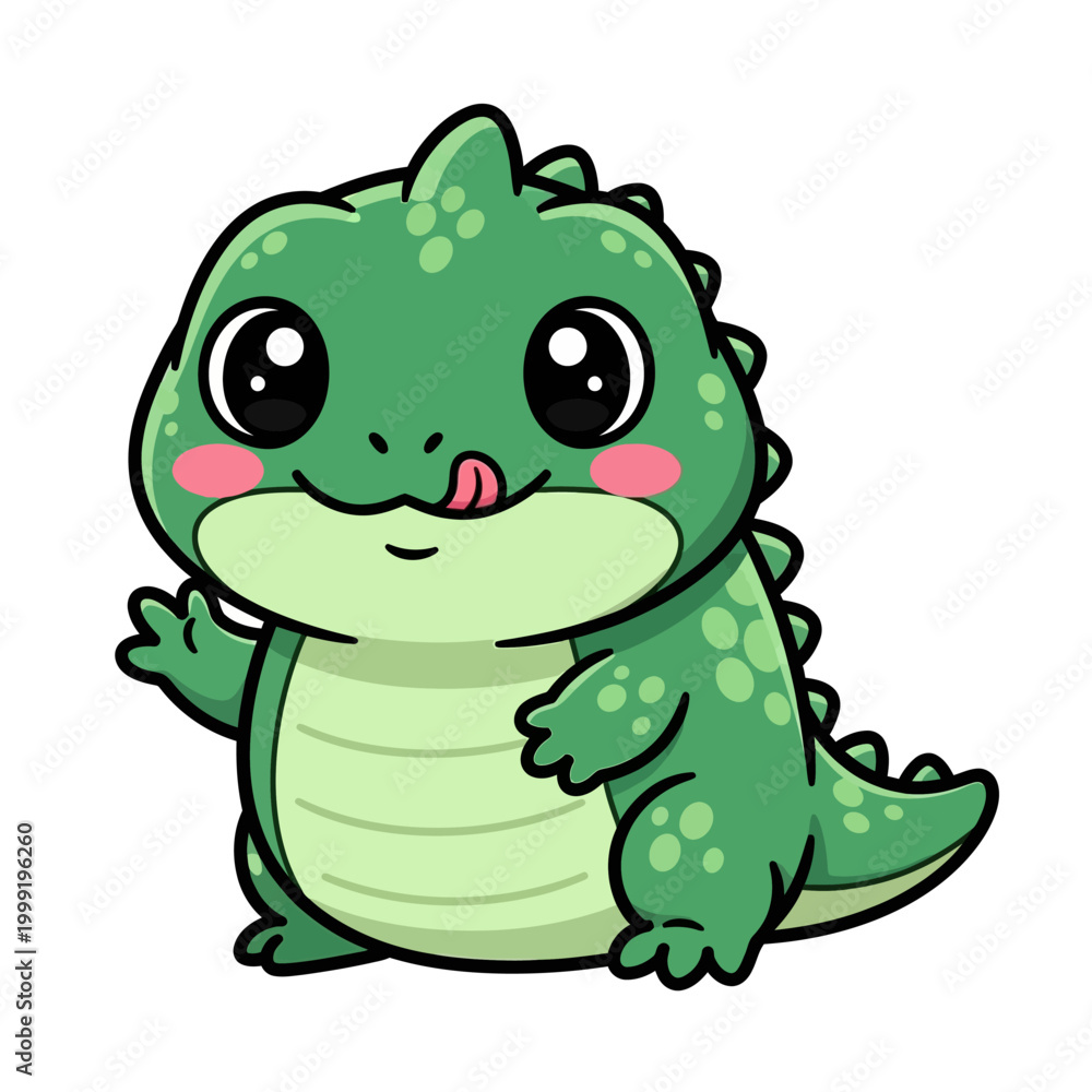 Fototapeta premium Cute cartoon green dinosaur licking its lips, happy, playful, baby dinosaur character, isolated on white background.