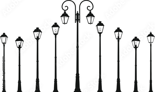 Collection of vintage street lamps a black and white illustration