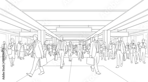Line art illustration of a busy modern office lobby with business people walking