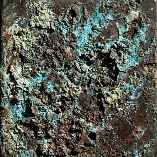 Macro view of weathered copper surface with verdigris patina and textured details