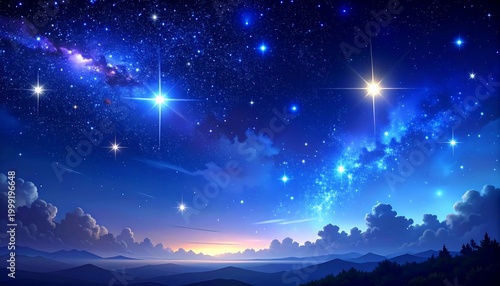 Luminous celestial sky, with vast cosmos above rolling hills, evoking peace and wonder