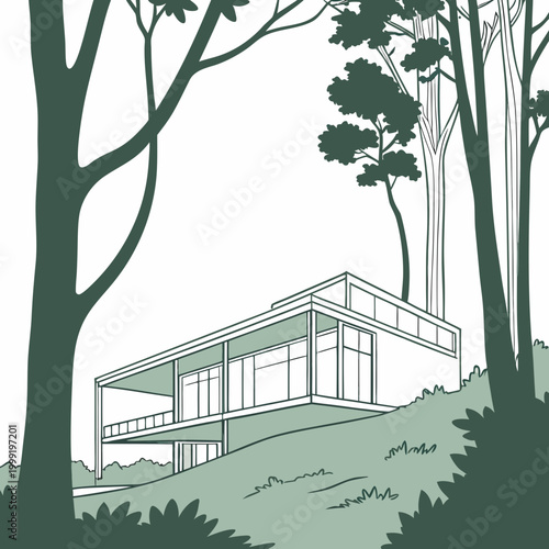 Modern building illustration in forest landscape minimalist architectural design high quality