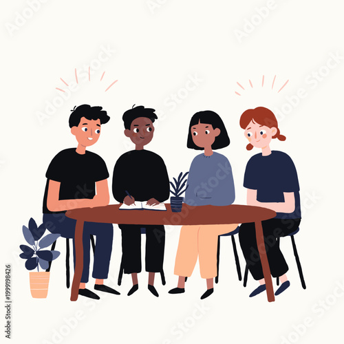 Diverse team engaged in attentive and collaborative idea sketching session