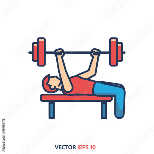 Man doing bench press exercise with barbell on gym bench, fitness icon, flat vector illustration