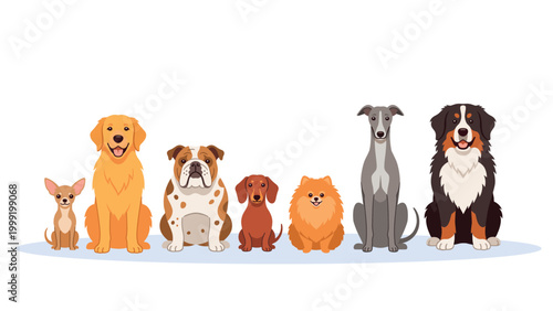 A diverse group of seven dog breeds of various sizes and appearances sitting in a line, including a Chihuahua, Golden Retriever, Bulldog, Dachshund, Pomeranian, Greyhound, and Bernese Mountain Dog.
