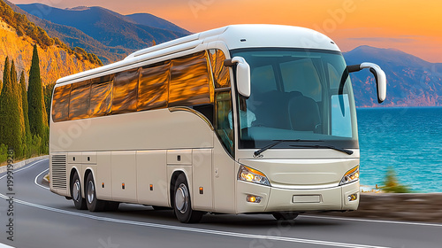 Tourist coach bus driving along coastal road at sunset scenic travel transport journey with mountains and sea view