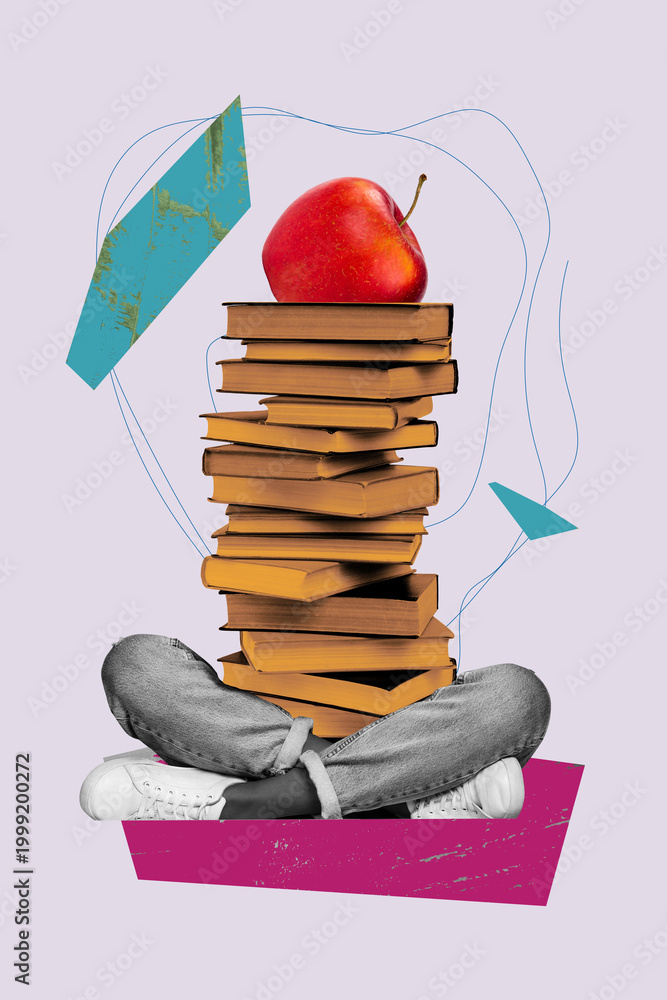 Fototapeta premium Vertical sketch image photo collage of anonym student girl guy instead body book stack education apple fruit novel reader hobby