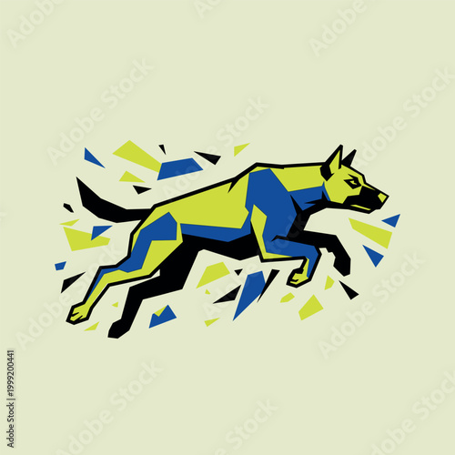 Stylized geometric blue and yellow dog running with abstract fragments.