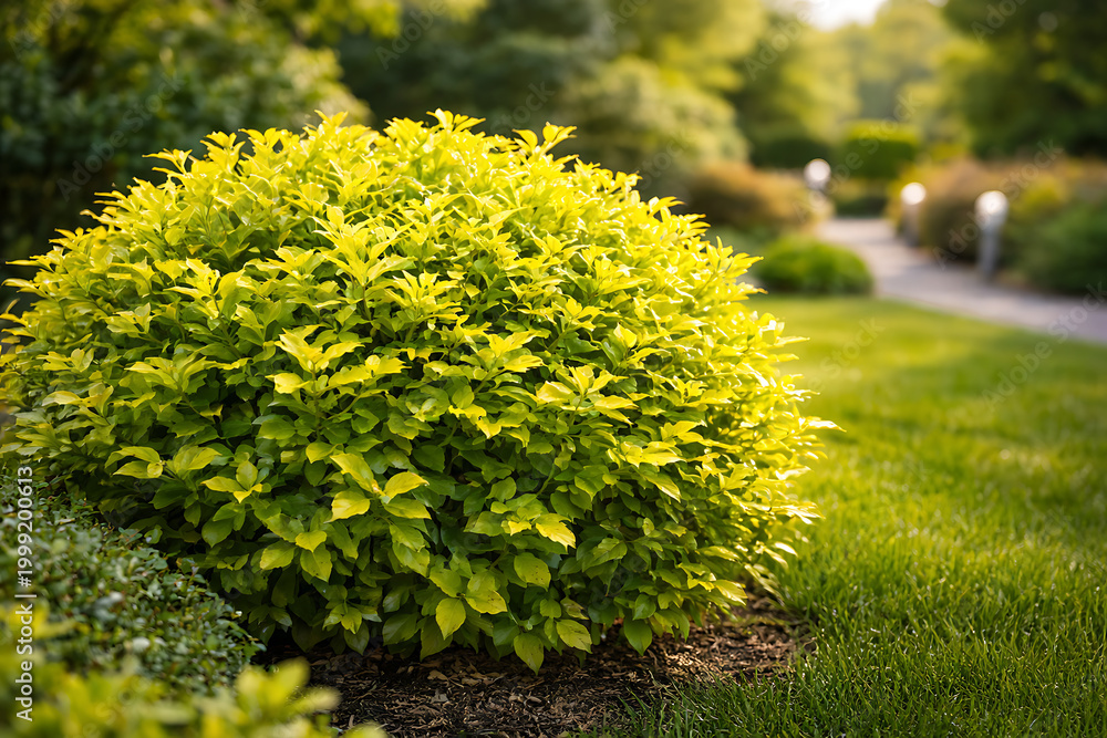 Obraz premium Lush green shrubbery alongside a sunlit walking path outdoors