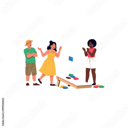 People play cornhole on a sunny day outdoors together happily