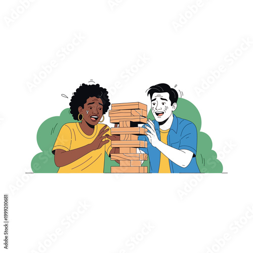 Two friends play Jenga game together outdoors