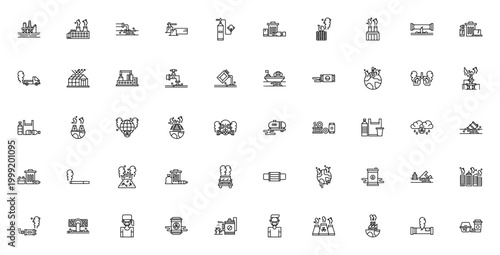 Pollution icon set. Environmental vector symbols. Includes oil platform, factory, deforestation, global warming, plastic, waste, contamination and more. Editable stroke.