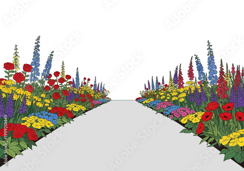Schilderij op canvas Vibrant flower beds line a converging path creating a colorful garden scene