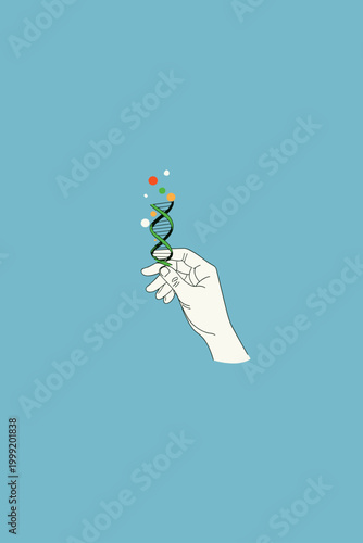 Hand Touching a Glowing Morphing DNA Helix with Geometric Shapes