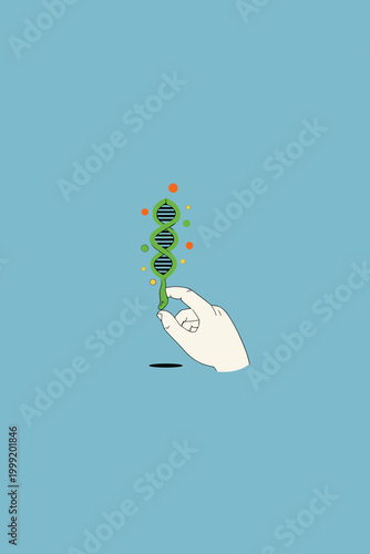 Hand Touching a Glowing Morphing DNA Helix with Geometric Shapes