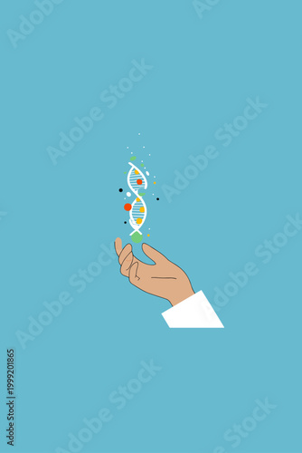 Hand Touching a Glowing Morphing DNA Helix with Geometric Shapes