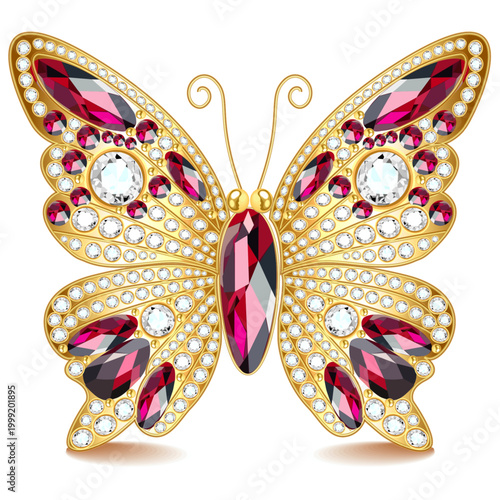Illustration of shining jewelry butterfly brooch with precious stones