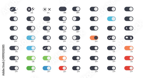A collection of toggle switches in various colors and states