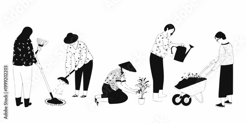 Gardening figures silhouettes vector illustration of people working in garden