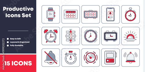 Collection of productivity icons for time management scheduling and reminder applications