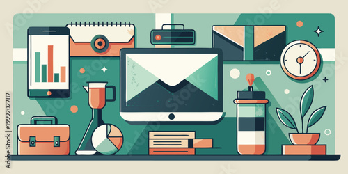 Flat of office desk workspace with computer and business