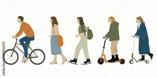 People silhouettes with bicycles and scooters minimalist illustration