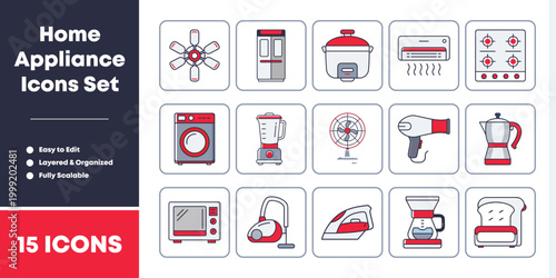 Collection of fifteen modern home appliance icons presented in a clean flat design style