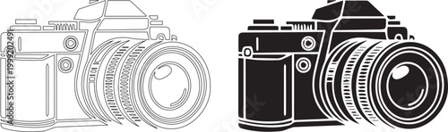 Vintage SLR camera vector icons, professional film photography equipment set, black and white outline and silhouette camera illustrations for logo design