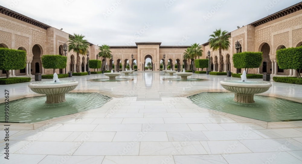 Naklejka premium Elegant Courtyard with Fountains and Lush Greenery Featuring Islamic Architectural Elements