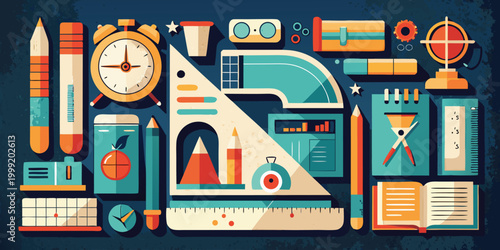 Flat lay of school supplies and drafting tools on dark blue background