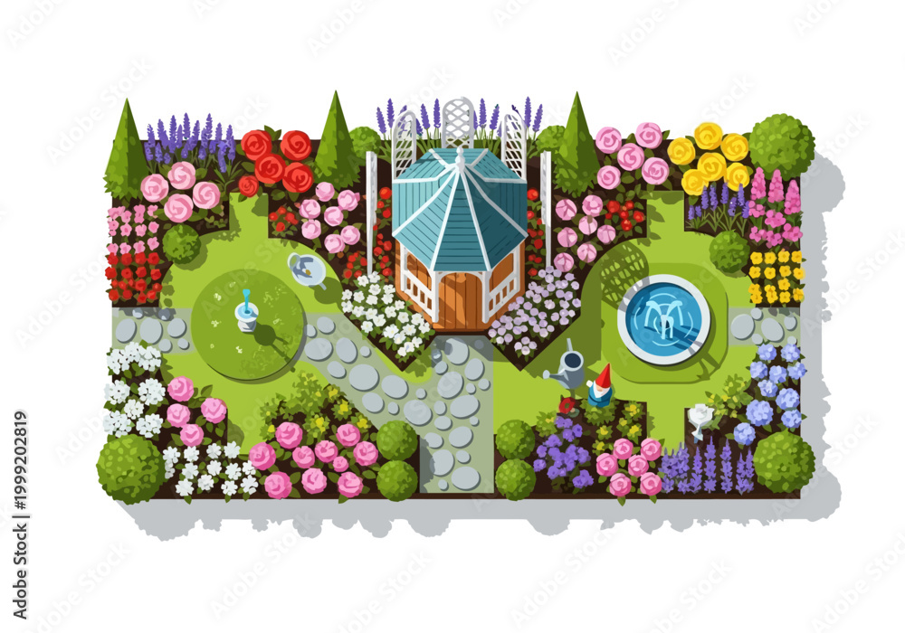Fototapeta premium Beautifully designed garden with a central gazebo and vibrant flower beds.