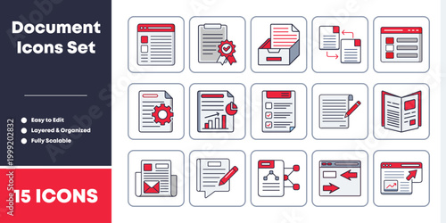 Set of fifteen professional document icons for digital business and office administration tasks