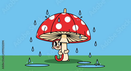 A cartoon character hides under a large mushroom umbrella on a rainy day