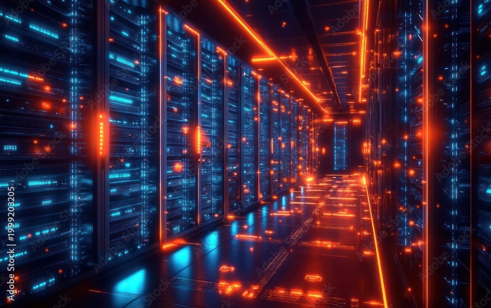 Obraz premium Futuristic data center aisle with rows of server racks, glowing blue LEDs and orange neon reflections, sleek high-tech corridor conveying intensity and humming energy
