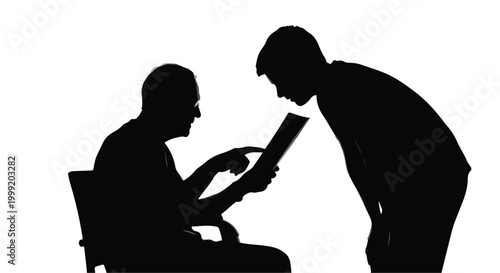 Two men in silhouette discussing business documents in office setting with modern minimalist style