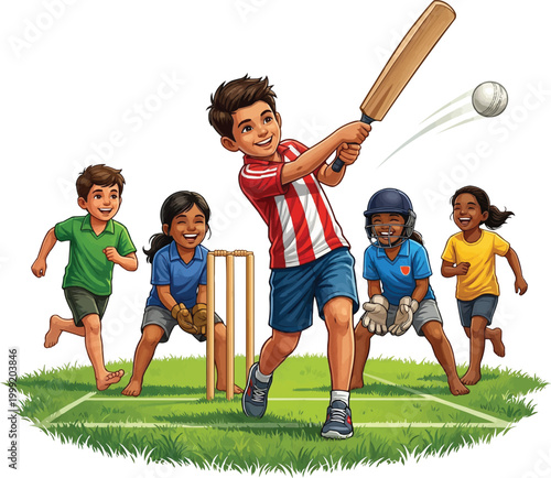 Kids Playing Cricket Vector Illustration