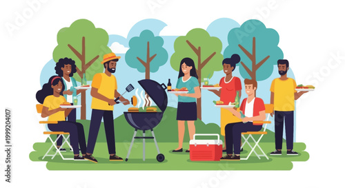 Diverse Friends Group Barbecue Picnic Grill Food Cooler Chairs Trees Park Cartoon Illustration