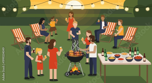 Evening Backyard Barbecue Party Grill Food Table Friends Family String Lights Sunset Cartoon