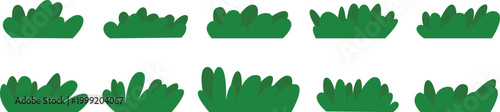 Cute cartoon green bushes set and shrubs set isolated on transparent background.