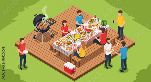Isometric Backyard Barbecue Party Wooden Deck Grill Food Table Friends Family Gathering