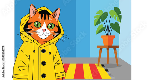 A cat in a yellow raincoat standing next to a plant