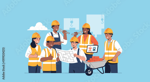 Group of Construction Workers Collaborating on Blueprint Plans.