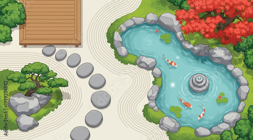 Zen garden top view with koi pond and wooden deck